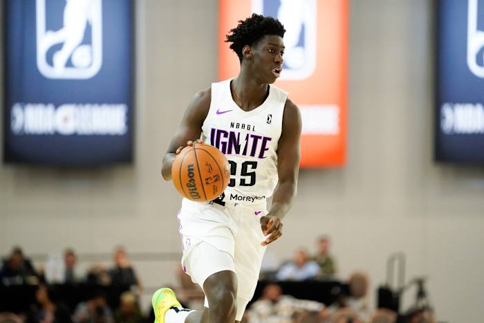 Dec 22, 2022; Las Vegas, NV, USA; NBA G League Ignite guard Sidy Cissoko (25) dribbles the ball during the first half against the Greensboro Swarm at Mandalay Bay Convention Center. Mandatory Credit: Lucas Peltier-USA TODAY Sports